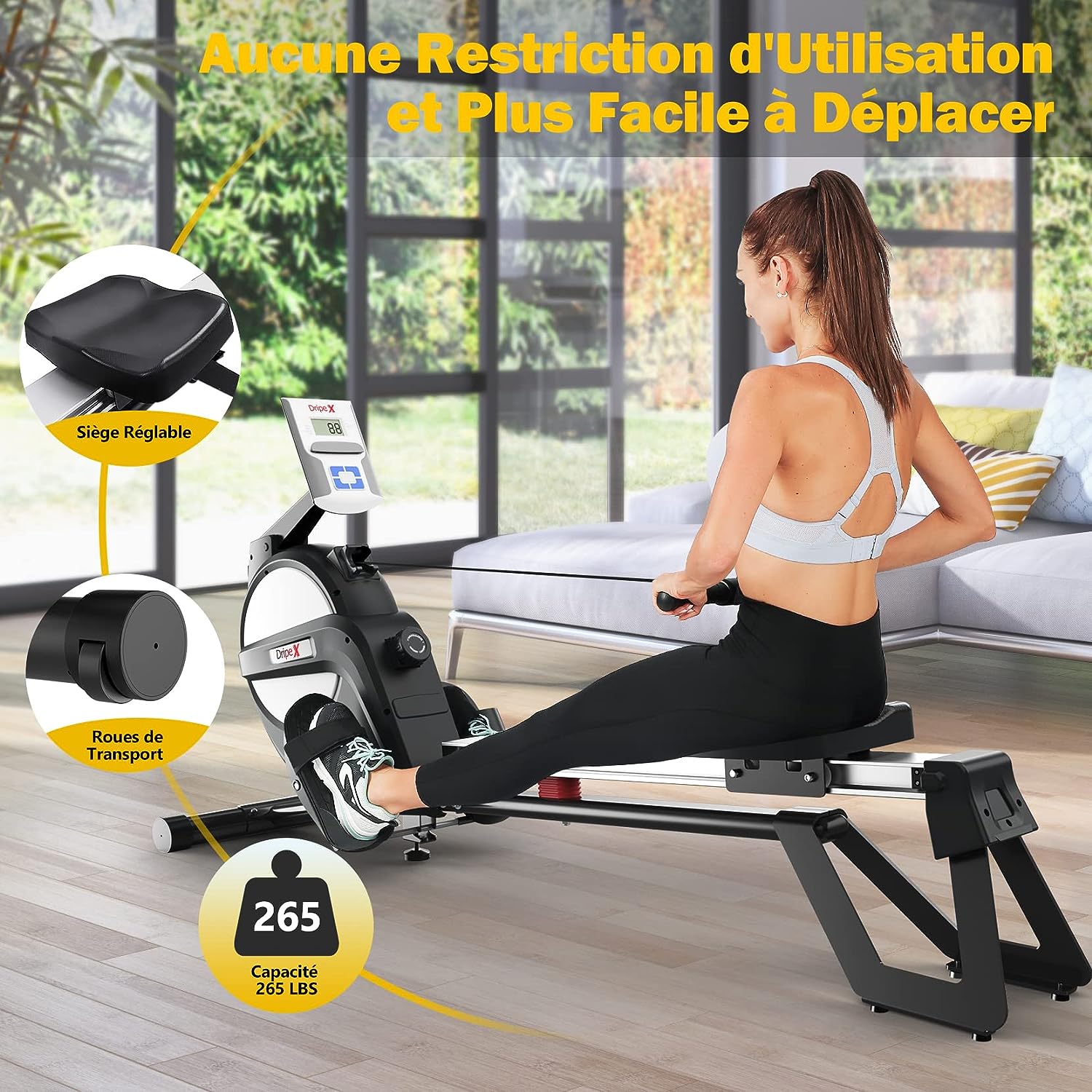 YOLEO Rameur Magnétique Rameur d'appartement, 15 Niveaux de Résistance Magnétique, écran LCD Multifonction, Double Glissières en Aluminium avec Support de Tablette – Image 4