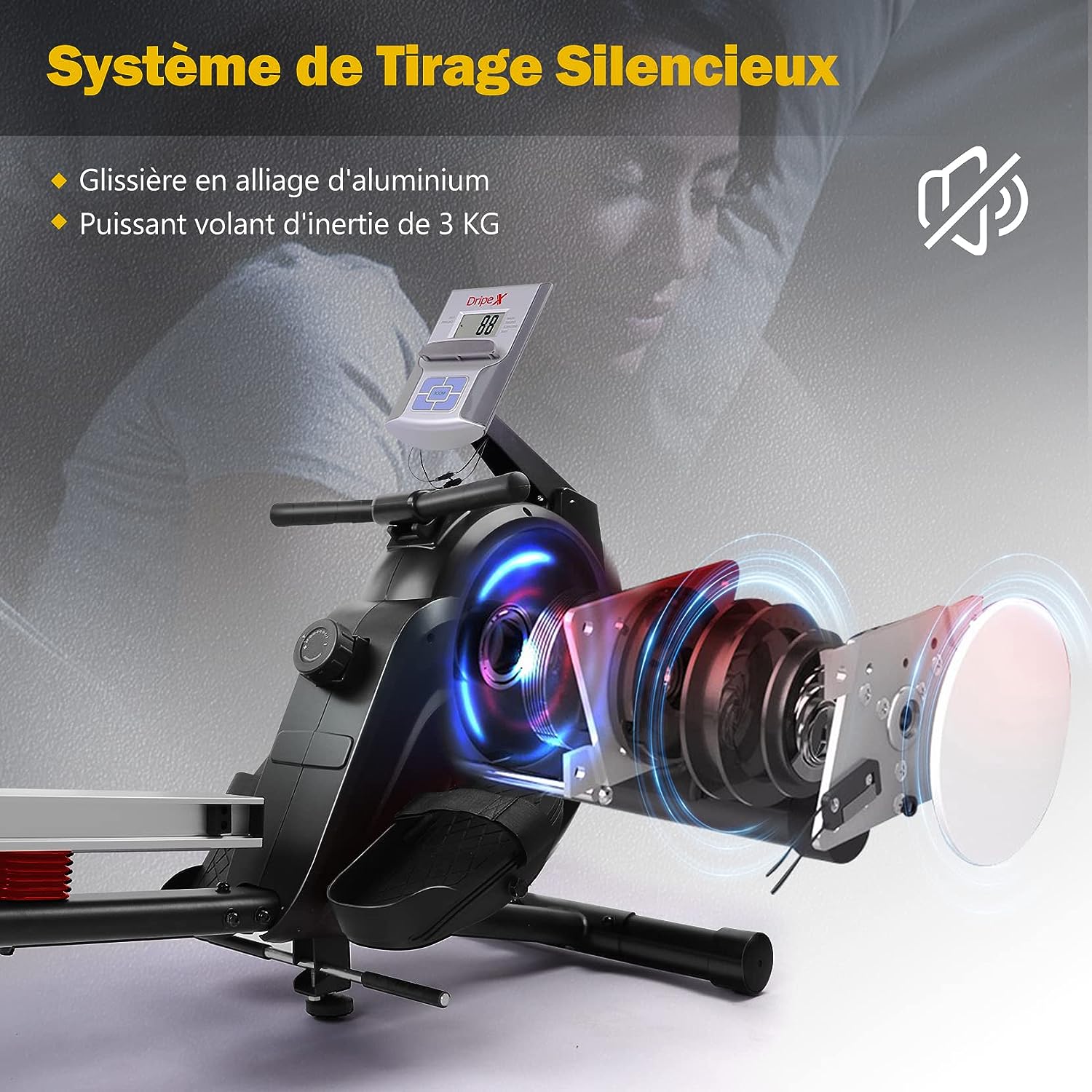 YOLEO Rameur Magnétique Rameur d'appartement, 15 Niveaux de Résistance Magnétique, écran LCD Multifonction, Double Glissières en Aluminium avec Support de Tablette – Image 7