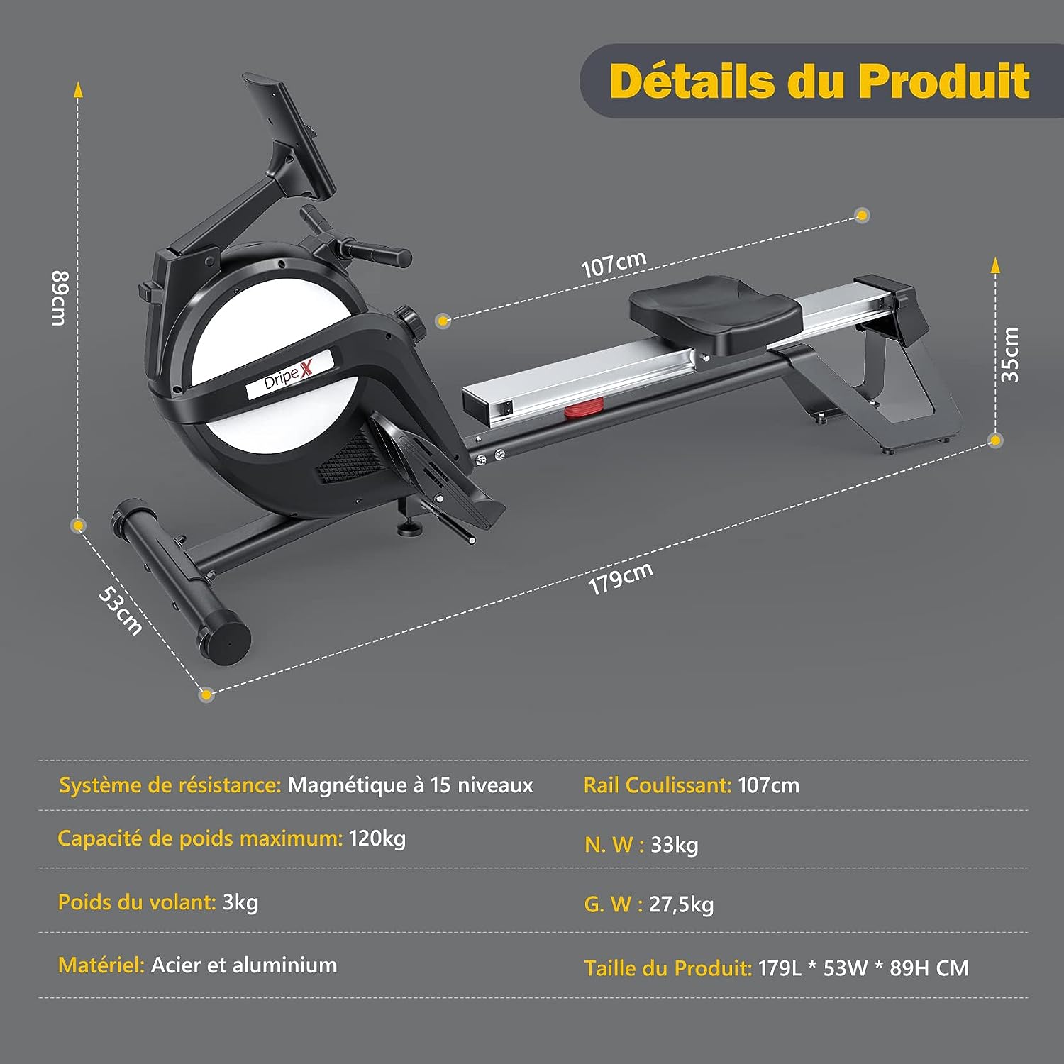 YOLEO Rameur Magnétique Rameur d'appartement, 15 Niveaux de Résistance Magnétique, écran LCD Multifonction, Double Glissières en Aluminium avec Support de Tablette – Image 2