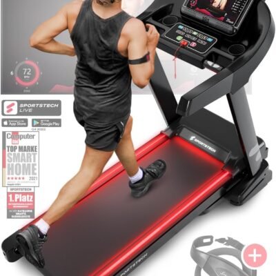 SPORTSTECH – Tapis De Course Pliable F37 – Capteurs Cardio + Ceinture Cardio Incluse – 12 Programmes – Jusqu’À 20km/h – Lecteur MP3 + Haut-Parleurs – Système d’Autolubrification – 171 x 83,5 x 137,5cm