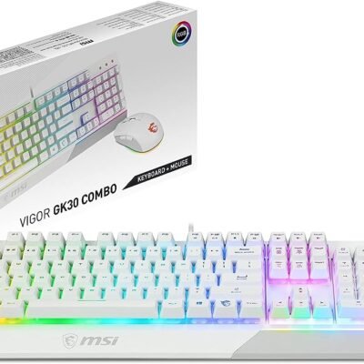 MSI Vigor GK30 Combo White FR – Pack Clavier Vigor GK30 White et Souris Clutch GM11 – Clavier Gaming Pleine Taille, AZERTY – Souris Gaming Filaire, Symétrique – RGB Mystic Light