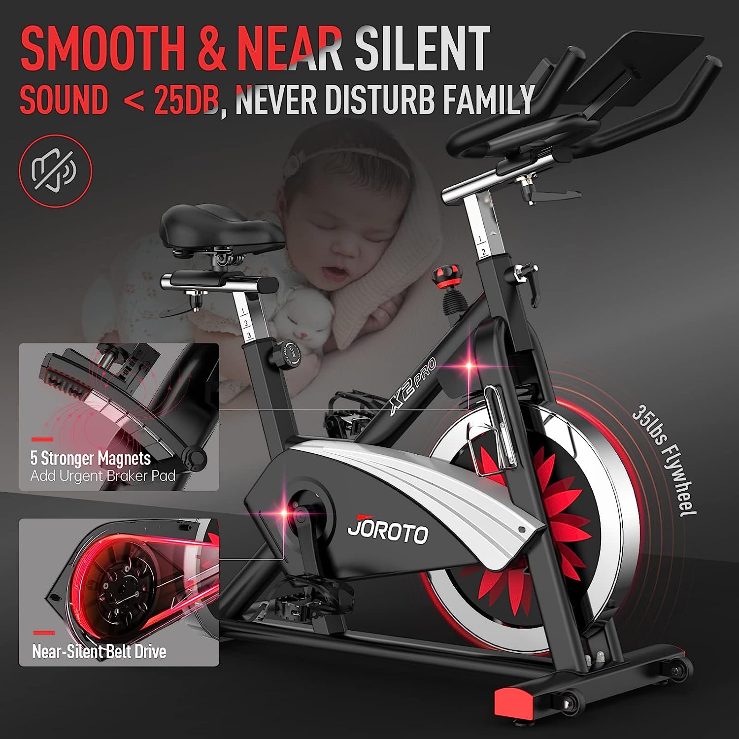 JOROTO X2 Vélo d'Appartement Professionnel et JOROTO X2PRO Bluetooth Vélo d'Appartement Vélo de Fitness Ergomètre avec Résistance Magnétique Réglable et Système de Courroie avec Grand Support Tablette - Capacité de Charge 150KG – Image 6