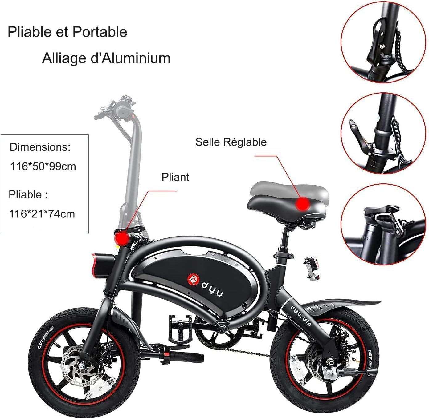 DYU Vélo Électrique Pliable,14 Pouces Vélo Électrique Portable,Smart E-Bike avec 3 Modes de Conduite, Pédalage Assisté, Hauteur Réglable, Portable Compact, Adulte Unisexe – Image 4