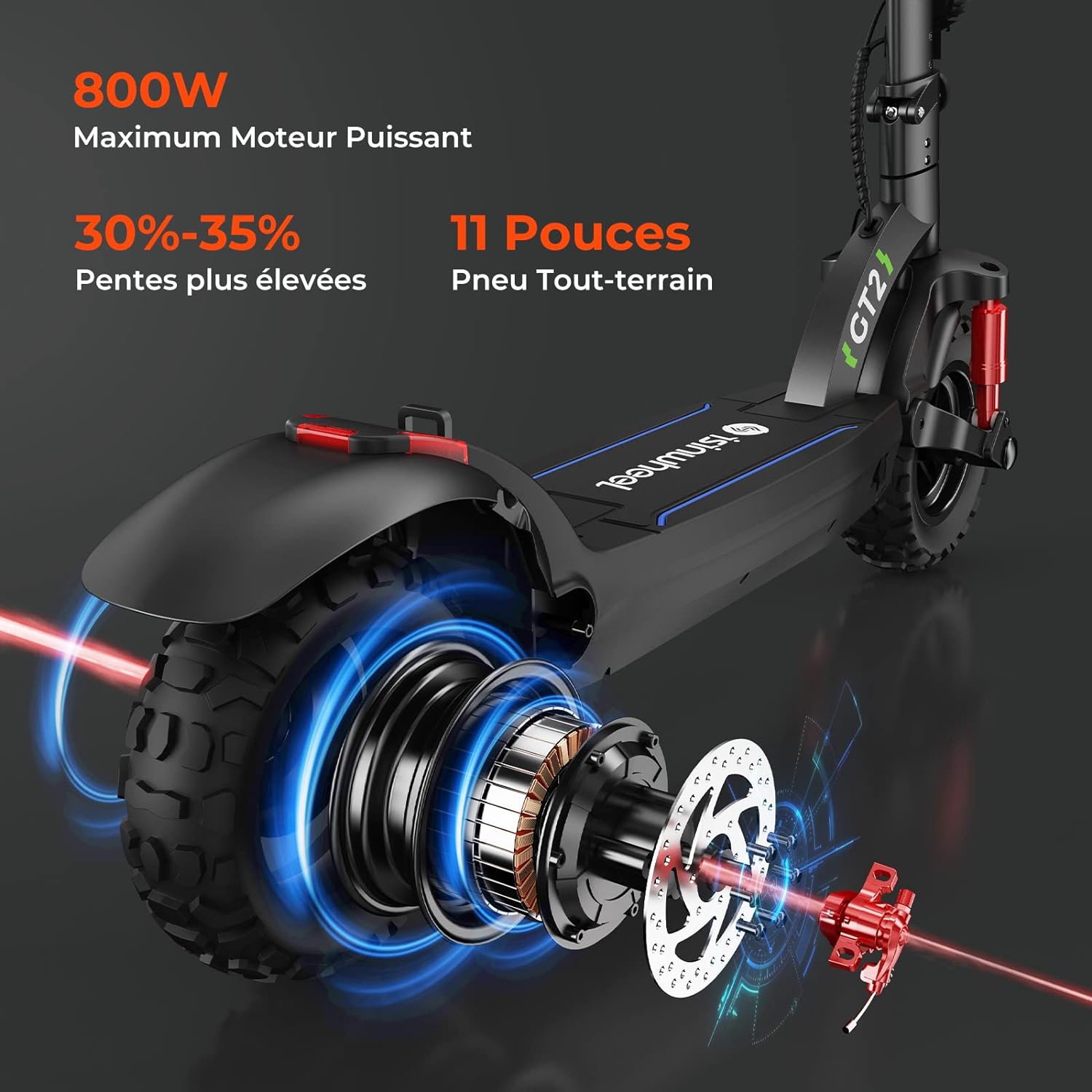 Trottinette Électrique Adultes 11" Pliable, isinwheel GT2 Trottinette Électrique 8OOW, Batterie Capacité 15AH, 45KM Kilométrage,3 Modes de Vitesse, Vitesse Maximum 25KM/H, Charge Maximale 150kg – Image 3