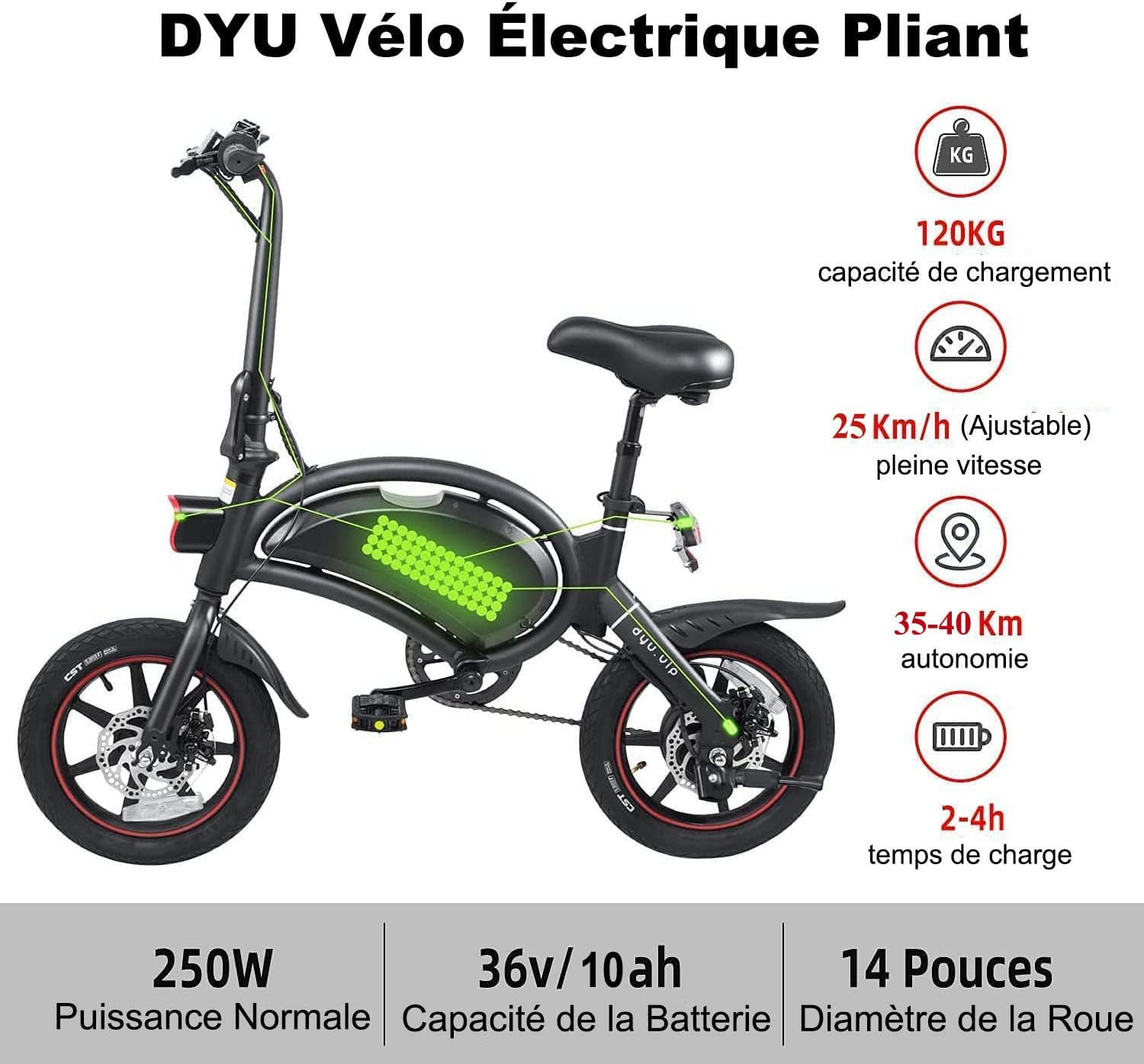 DYU Vélo Électrique Pliable,14 Pouces Vélo Électrique Portable,Smart E-Bike avec 3 Modes de Conduite, Pédalage Assisté, Hauteur Réglable, Portable Compact, Adulte Unisexe – Image 5