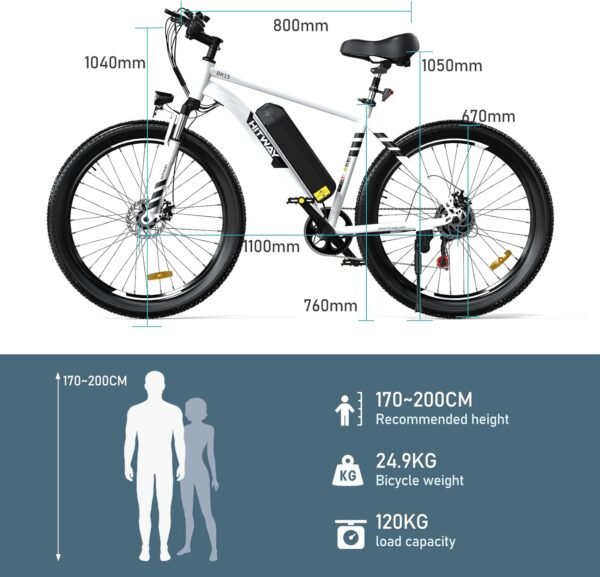 HITWAY vélo électrique, VTT électrique, 26" 2,1/4,0 Ville E-Bike Adulte, Vélo électrique avec Batterie au Lithium Amovible 36V12Ah/48V15AH, 7 Vitesses, Autonomie 35-90km – Image 7