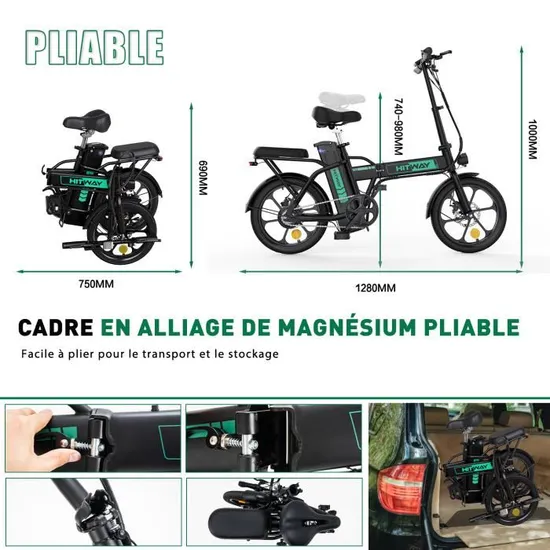 Vélo électrique Pliable HITWAY 20 Pouces - Moteur 250W, Batterie 48V 10.4Ah, Autonomie 35-90 Km - Pneus 4.0 Pouces, 7 Vitesses - Adulte