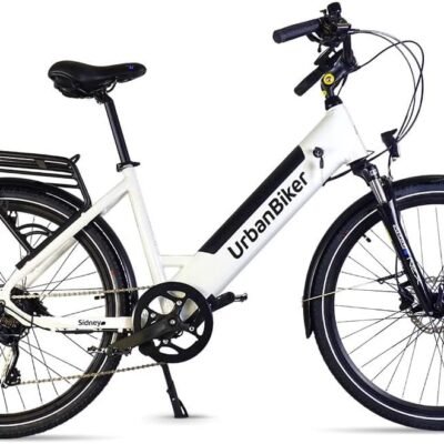 URBANBIKER Vélo électrique Ville Sidney,Blanc, 26″. Batterie Lithium (cellules Samsung) ION 540 Wh (15 Ah 36 V), 7 Vitesses. Freins hydrauliques.