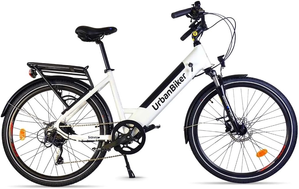 URBANBIKER Vélo électrique Ville Sidney,Blanc, 26". Batterie Lithium (cellules Samsung) ION 540 Wh (15 Ah 36 V), 7 Vitesses. Freins hydrauliques.